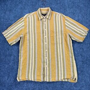 Bugatchi Uomo Mens Medium Yellow Green Striped Short Sleeve Button Down Shirt‎